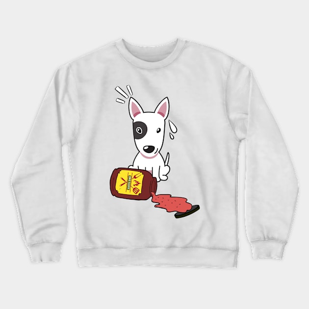 Funny Bull Terrier Spills a jar of BBQ Sauce Crewneck Sweatshirt by Pet Station